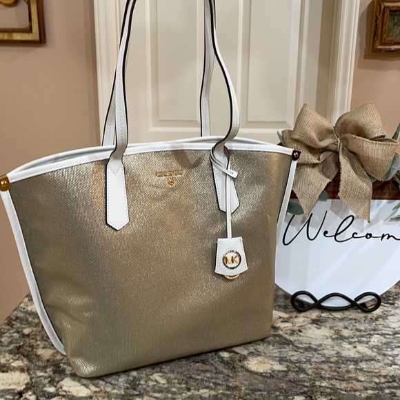 NWT Michael Kors Optic White & Gold Tote - Picture 1 of 6